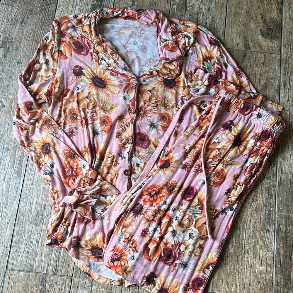 Posh Peanut Pink Floral Button-Up Pajama Set with Sunflowers